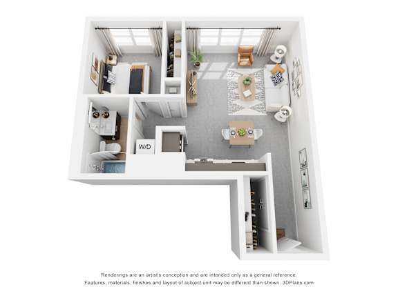 A 3D floor plan of a house with a kitchen, living room, and dining area.