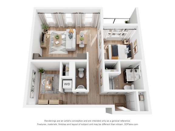 A 3D floor plan of a small apartment with a living room, kitchen, and bathroom.