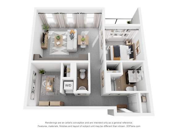 A 3D floor plan of a small apartment with a living room, kitchen, and bedroom.