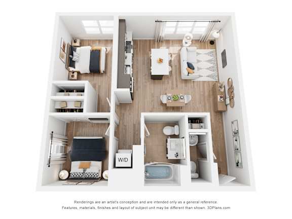 A 3D floor plan of a small apartment with a kitchen, living room, and bathroom.