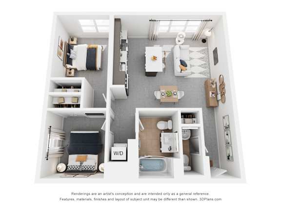 A 3D floor plan of a small apartment with a kitchen, living room, and bathroom.