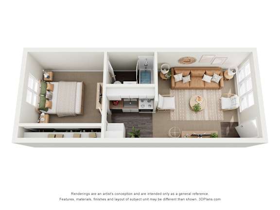 A 3D floor plan of a small apartment with a living room, kitchen, and bathroom.