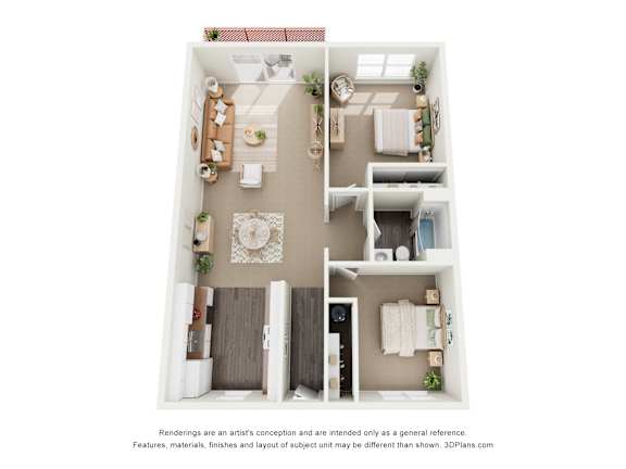A 3D floor plan of a small apartment with a living room, kitchen, and bedroom.