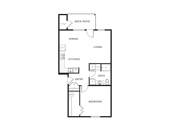 A floor plan of a small apartment with a kitchen, living room, and bathroom.