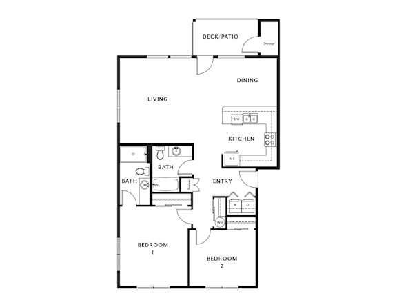 A black and white drawing of a house plan with a deck and patio.