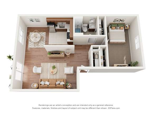 A 3D floor plan of a modern apartment with a living room, kitchen, and bedroom.