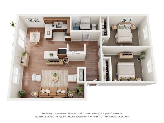A 3D floor plan of a house with a living room, kitchen, and two bedrooms.