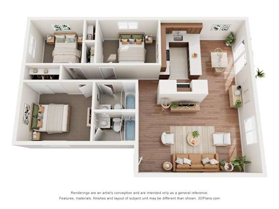 A 3D floor plan of a house with a kitchen, living room, and bedrooms.