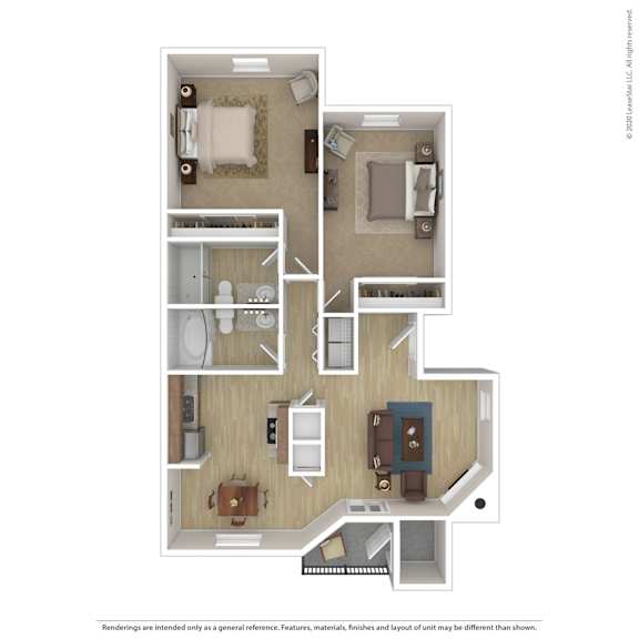 A floor plan of a house with a kitchen, living room, and two bedrooms.