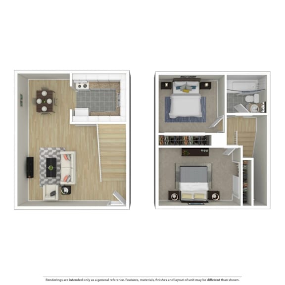 A floor plan of a small apartment with a kitchen, living room, and bedroom.