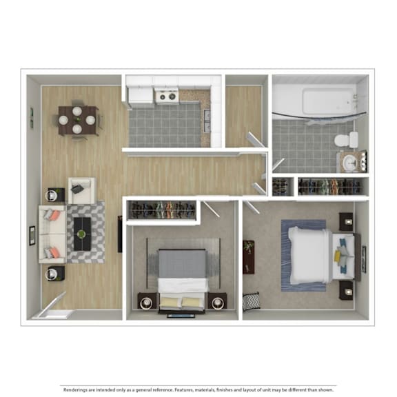 A floor plan of a small apartment with a kitchen, living room, and bedroom.