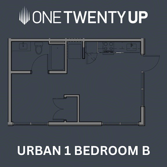 A floor plan of a bedroom with the title "URBAN 1 BEDROOM B".