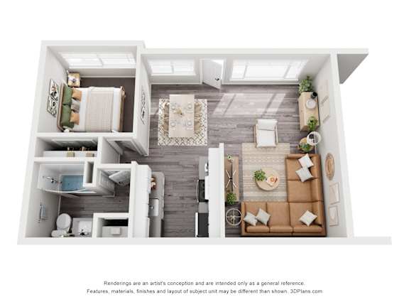 a stylized floor plan with a bedroom and a living room
