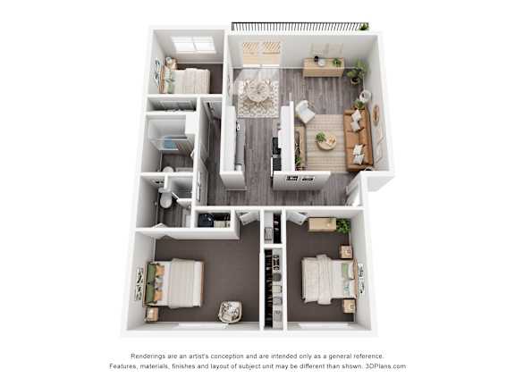 a stylized 3d floor plan of a 2100 sq ft apartment