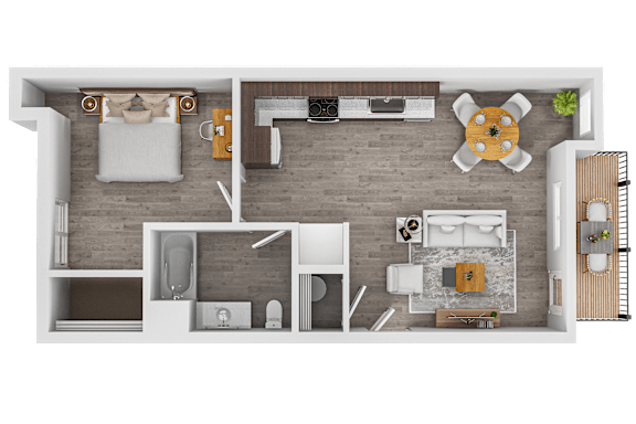 A top-down view of a house layout with a kitchen, living room, and bathroom.
