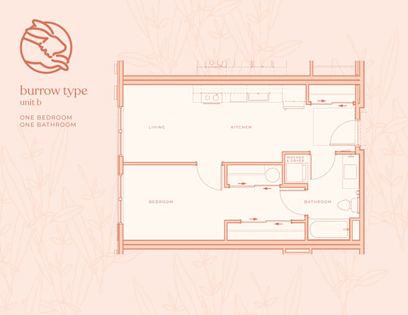 A floor plan of a one bedroom, one bathroom burrow type unit.