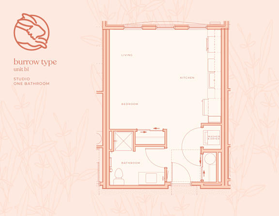 A floor plan of a studio apartment with a living room, kitchen, bedroom, and bathroom.