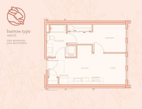A floor plan of a burrow type unit with one bedroom and one bathroom.