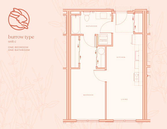 A floor plan of a burrow type unit with one bedroom and one bathroom.