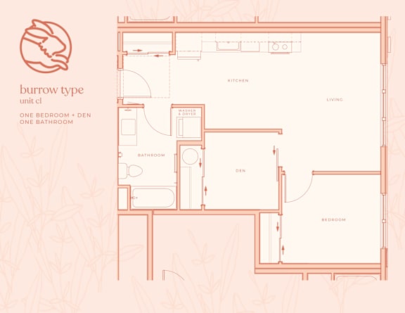 A floor plan of a burrow type unit with one bedroom and one bathroom.