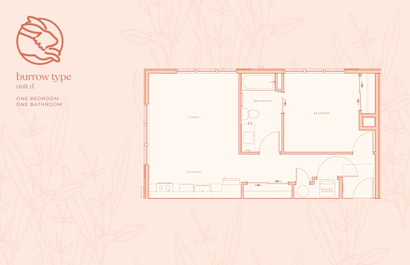 A floor plan of a one bedroom, one bathroom apartment.