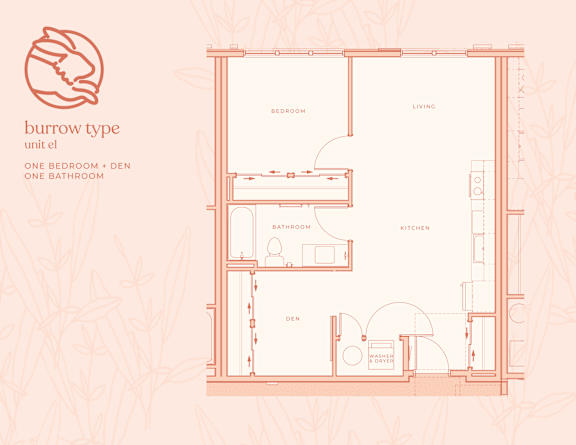 A floor plan of a burrow type unit with one bedroom and one bathroom.