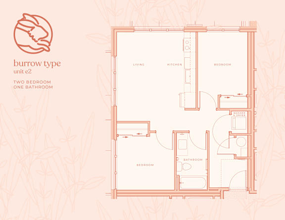 A floor plan of a burrow type unit with two bedrooms and one bathroom.