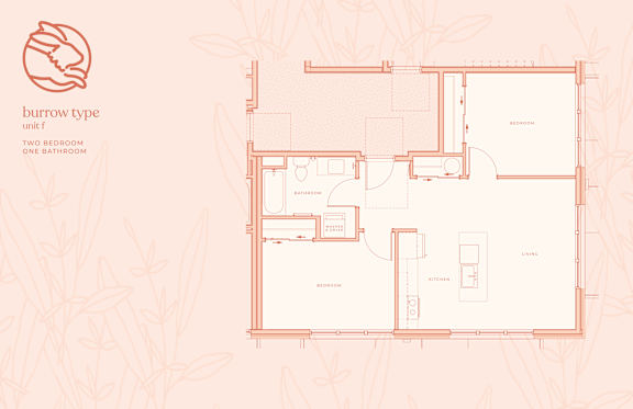 A floor plan of a burrow type unit with two bedrooms and one bathroom.
