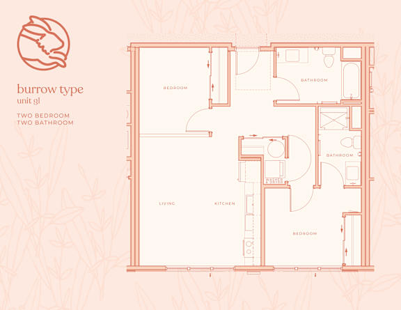 A floor plan of a burrow type unit with two bedrooms and two bathrooms.