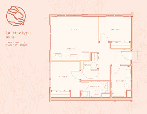 A floor plan of a burrow type unit with two bedrooms and two bathrooms.