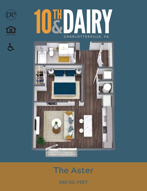 A floor plan of a 560 square foot apartment named The Aster.
