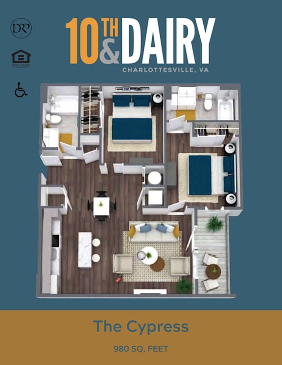 A floor plan of a 10th Dairy apartment in Charlottesville, VA.
