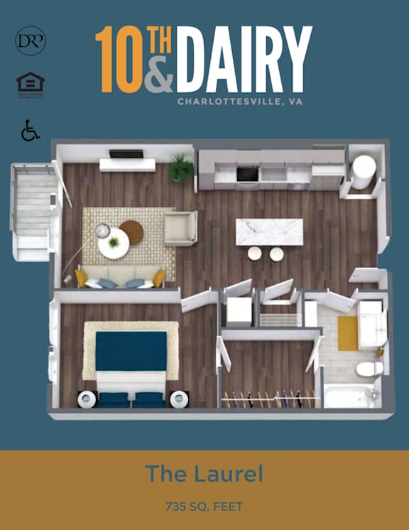 A 3D floor plan of a 10th Dairy apartment in Charlottesville, VA.