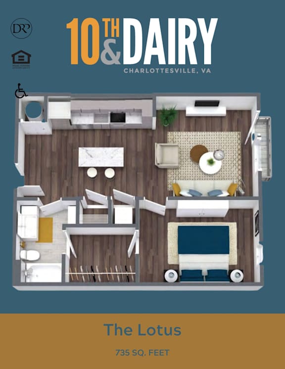 A floor plan of a 10th Dairy Charlottesville, VA apartment named The Lotus, which is 735 square feet.
