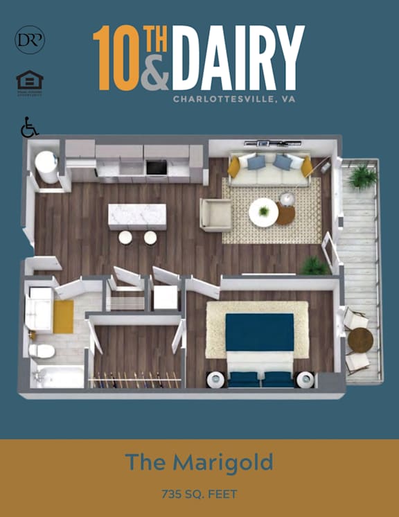 A 3D floor plan of a 10th Dairy apartment in Charlottesville, VA, showing a living room, kitchen, and bedroom.
