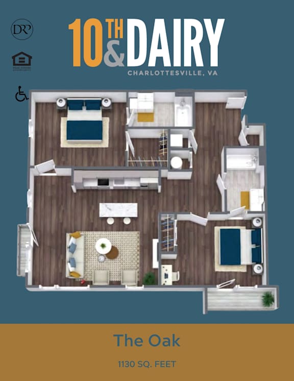A 3D layout of a house named "The Oak" with a total area of 1130 square feet.