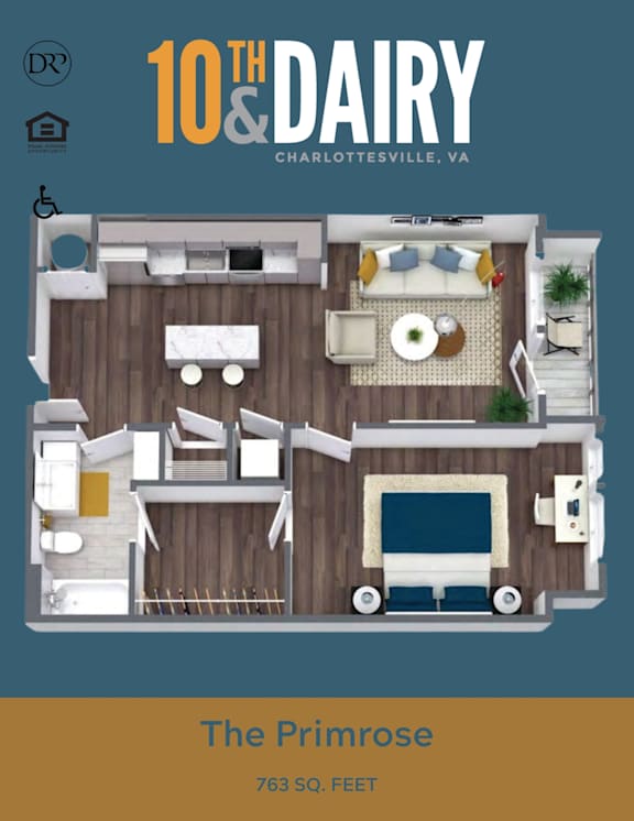 A floor plan of a 10th Dairy apartment in Charlottesville, VA.