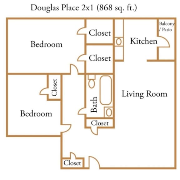 A diagram of a 2x1 room with a living room, kitchen, and three bedrooms.