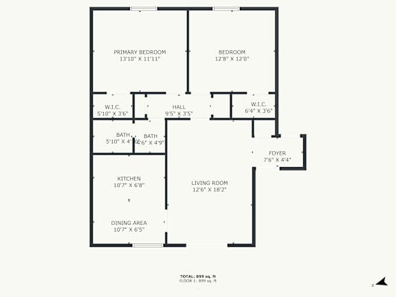 A floor plan of a house with a total area of 899 square feet.
