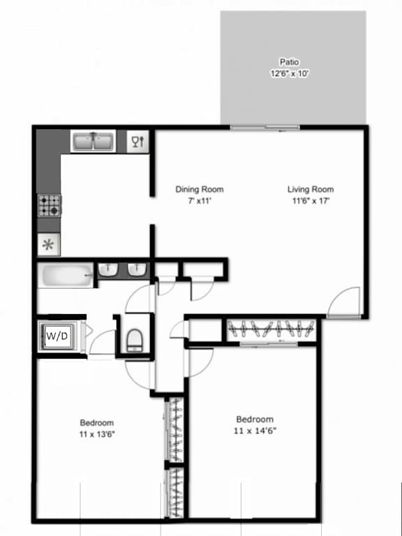 A floor plan of a house with a patio, two bedrooms, a living room, a dining room, and a kitchen.