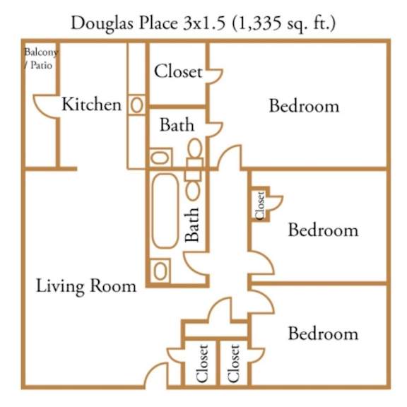A diagram of a 3x1.5 Douglas Place apartment with 1,335 square feet.