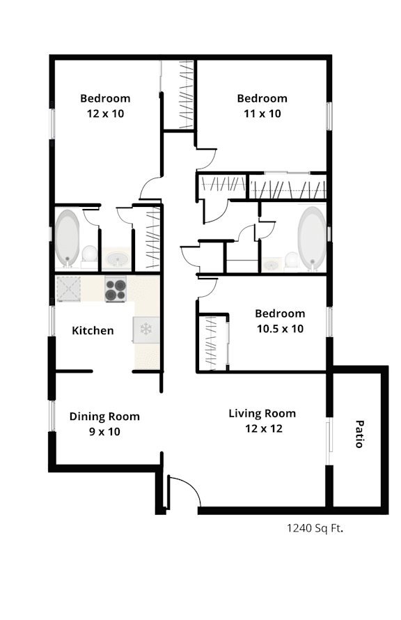 A floor plan of a house with a total area of 1240 square feet.