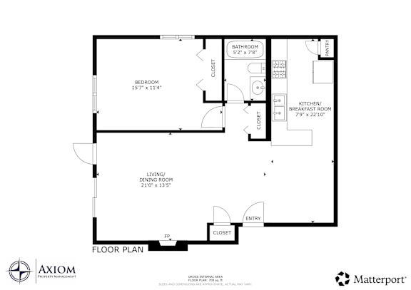 A floor plan for a home with a living room, kitchen, and bathroom.