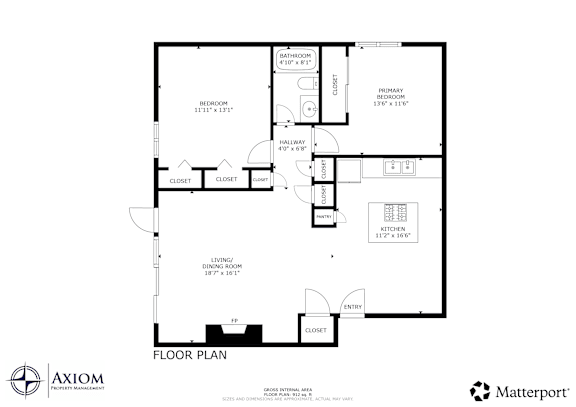 A floor plan for a property with a living room, dining room, kitchen, and bathrooms.
