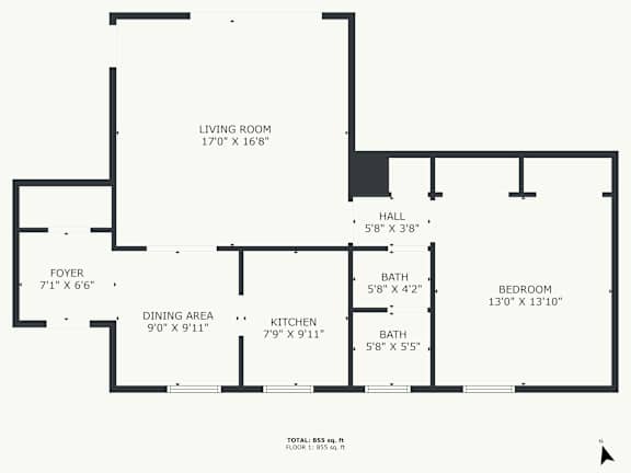 A black and white image of a floor plan for a small apartment.