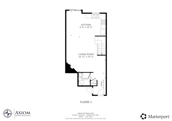 A floor plan for a home with a kitchen, living room, and bathroom.
