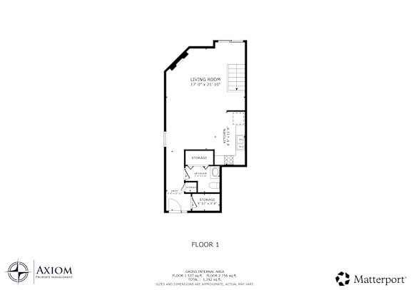 A floor plan for a property with a living room, storage, and bathroom.