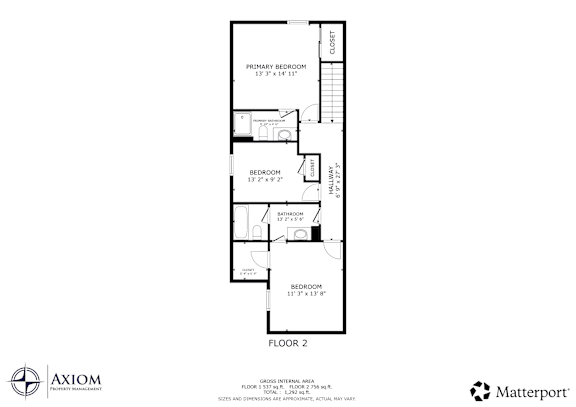 A floor plan for a home with three bedrooms and a living area.