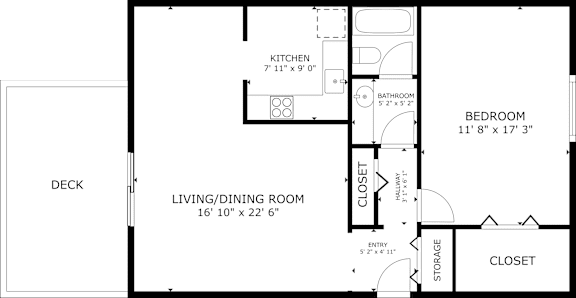 A floor plan of a house with a kitchen, living room, bedroom, closet, and bathroom.
