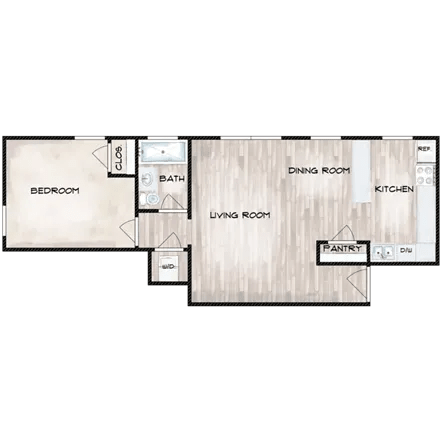 Floor Plan  A floor plan of a house with a bedroom, living room, dining room, kitchen, and pantry.